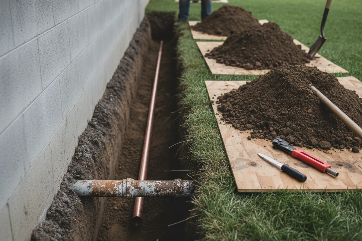 Excavated water line trench during Water Heater Repair in California City